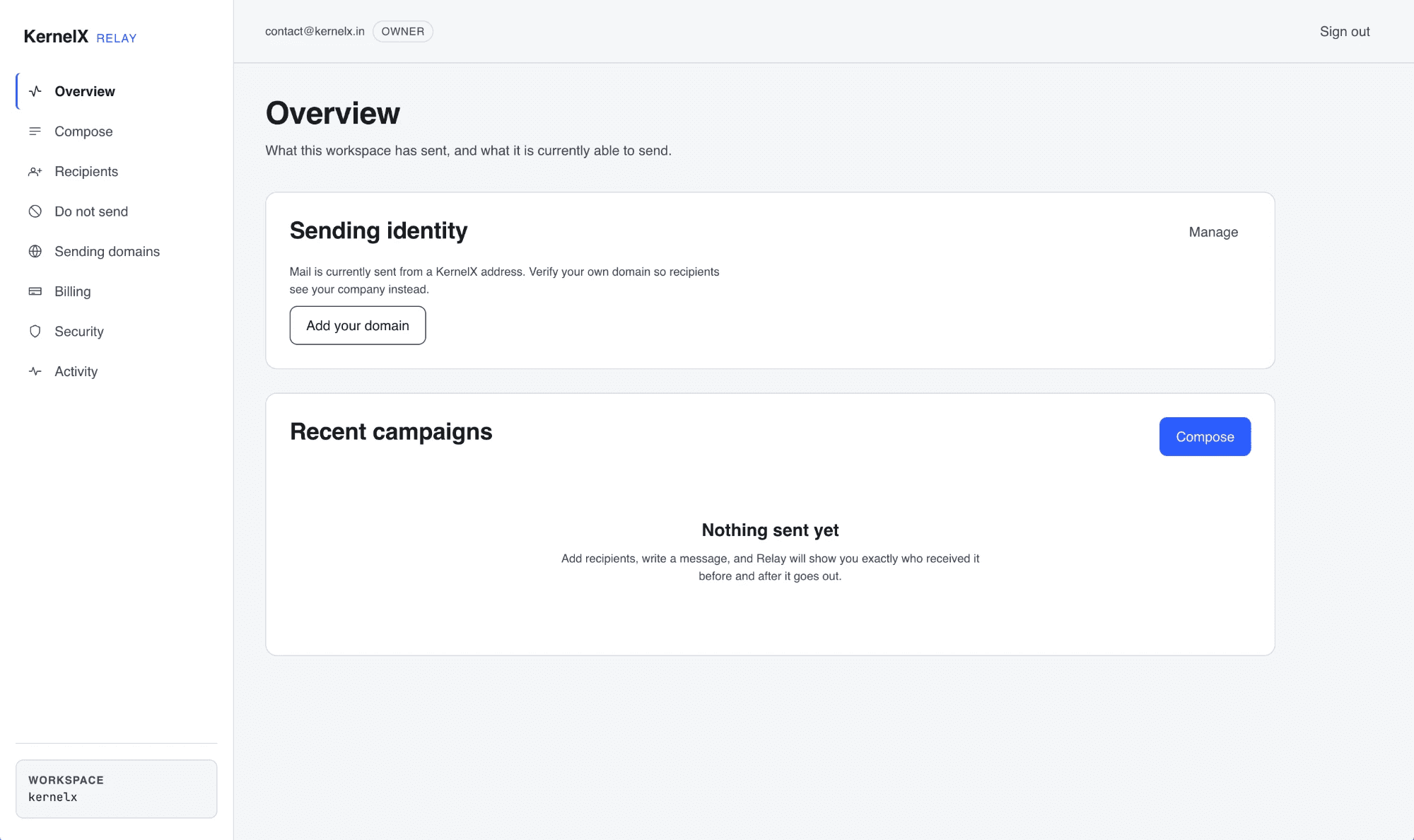 The KernelX Relay console: a workspace overview listing sending identity, a prompt to verify your own sending domain, and an empty recent-campaigns list.